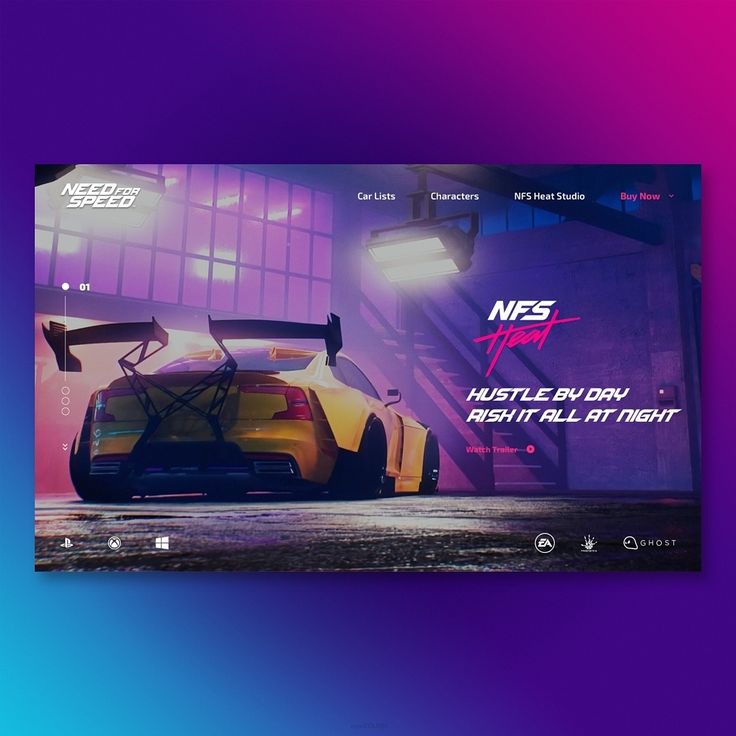 an ad for the nfs car show is displayed on a purple and blue background