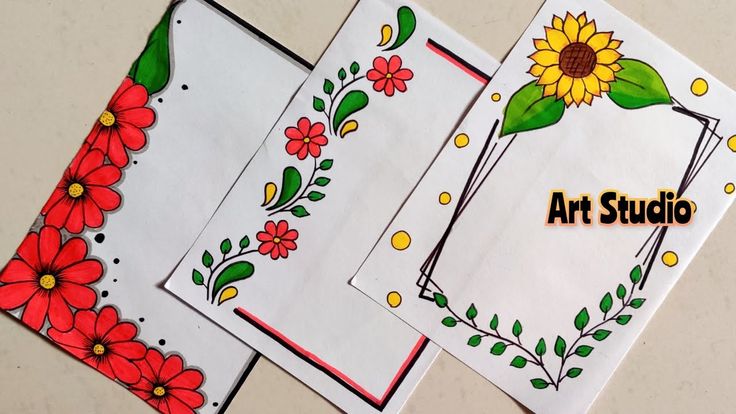 three cards with flowers on them and the words art studio written in front of them