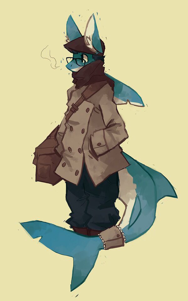 a drawing of a man in a trench coat with a shark tail