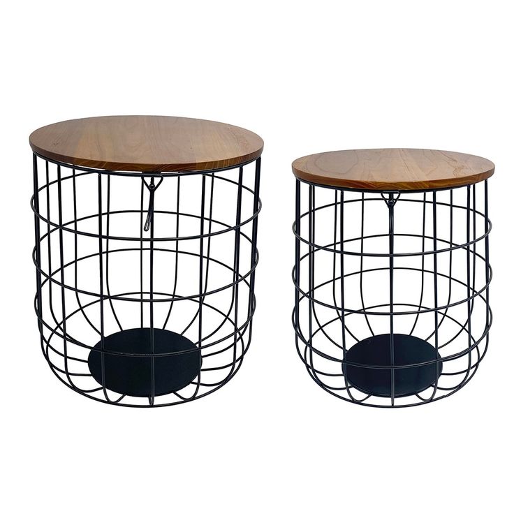 two tables with metal wire and wood tops