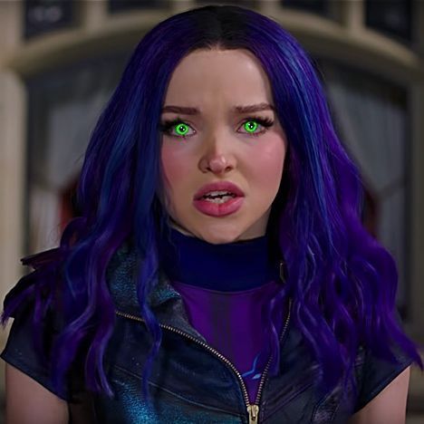 a woman with purple hair and green eyes