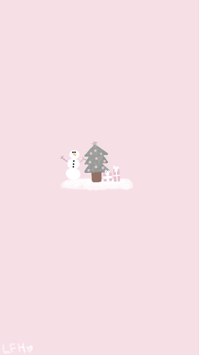 a pink wallpaper with a snowman and a christmas tree on the left side