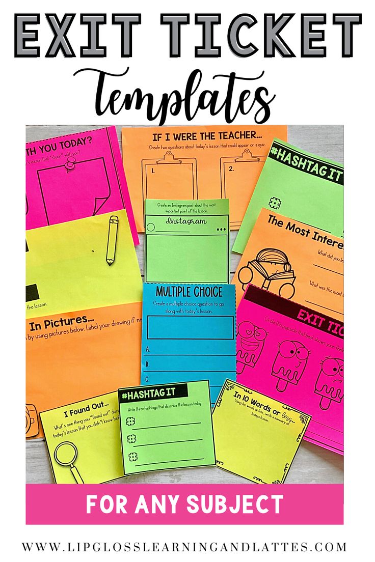 the exit ticket templates for any subject is shown in pink, yellow and blue