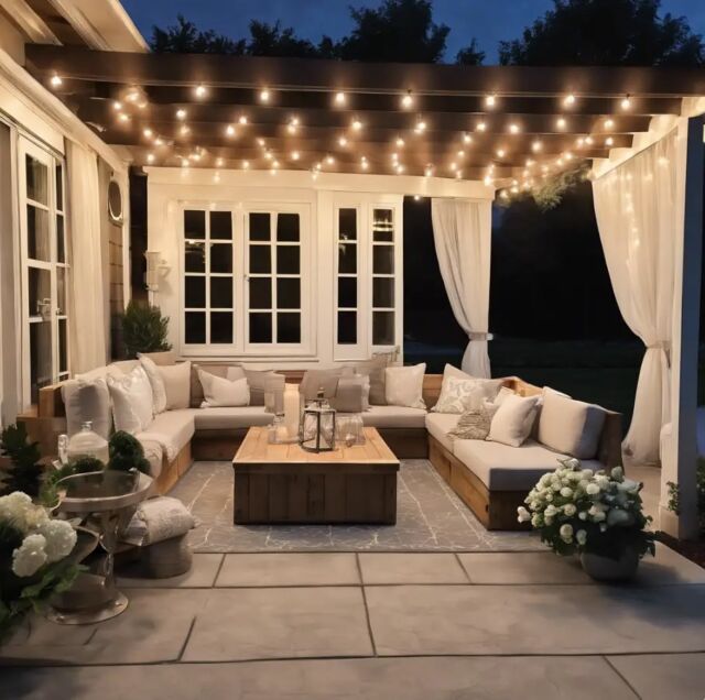 an outdoor living room is lit up with string lights