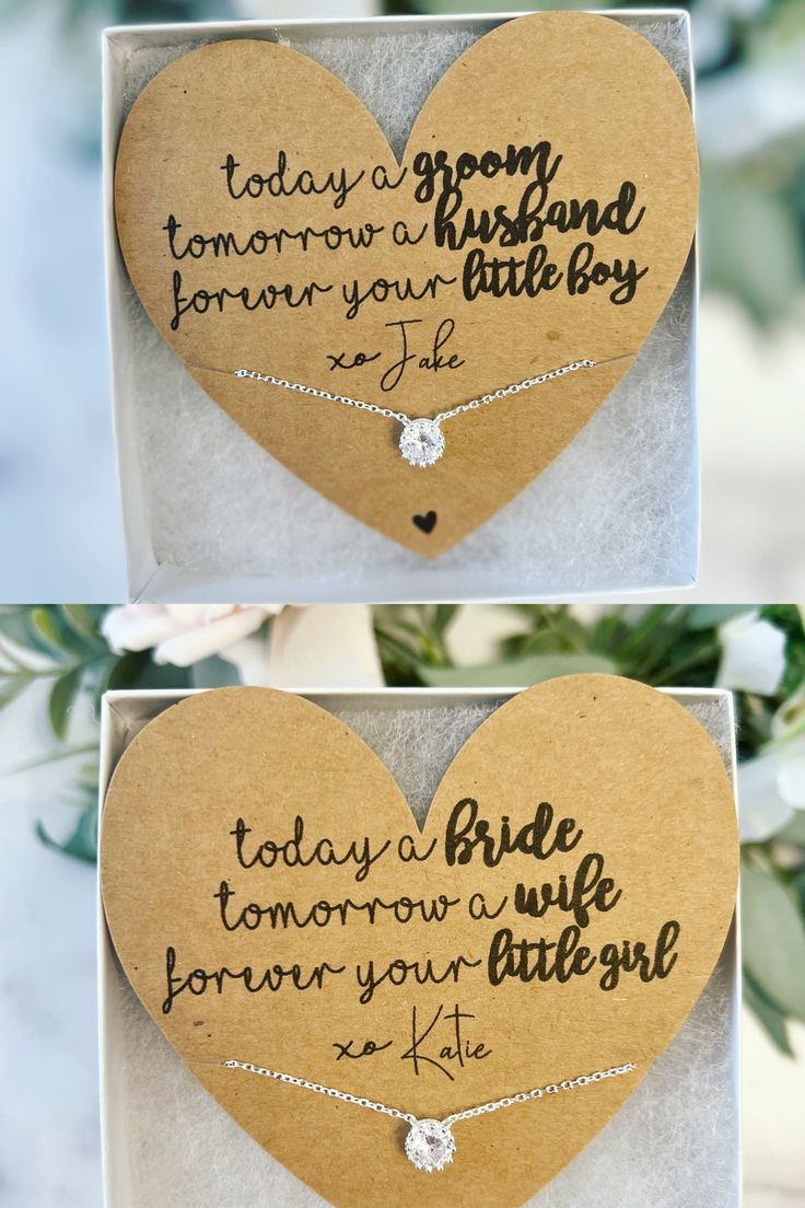 two heart shaped boxes with handwritten messages on them, one is for bride and the other is for groom