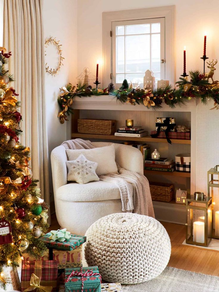 a living room decorated for christmas with presents