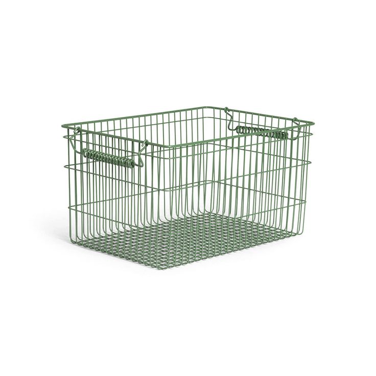 a green wire basket with two handles on the front and bottom, against a white background