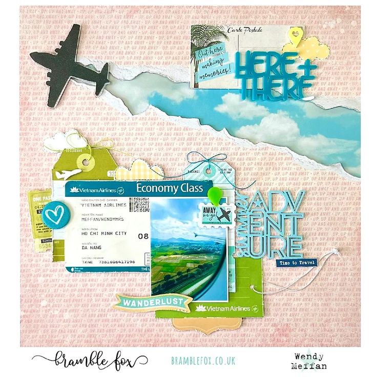 a scrapbook page with an airplane and other items