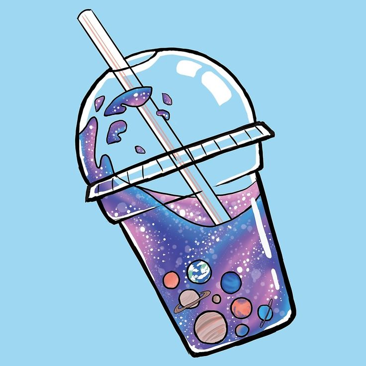 an illustration of a drink with a straw in it's cup and planets on the side