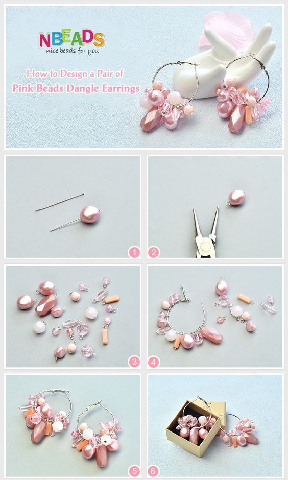 instructions to make pink beaded earrings with pearls and flowers on them, including beads