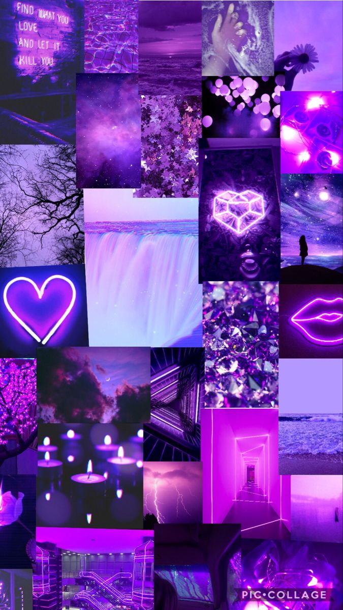 a collage of purple images with hearts