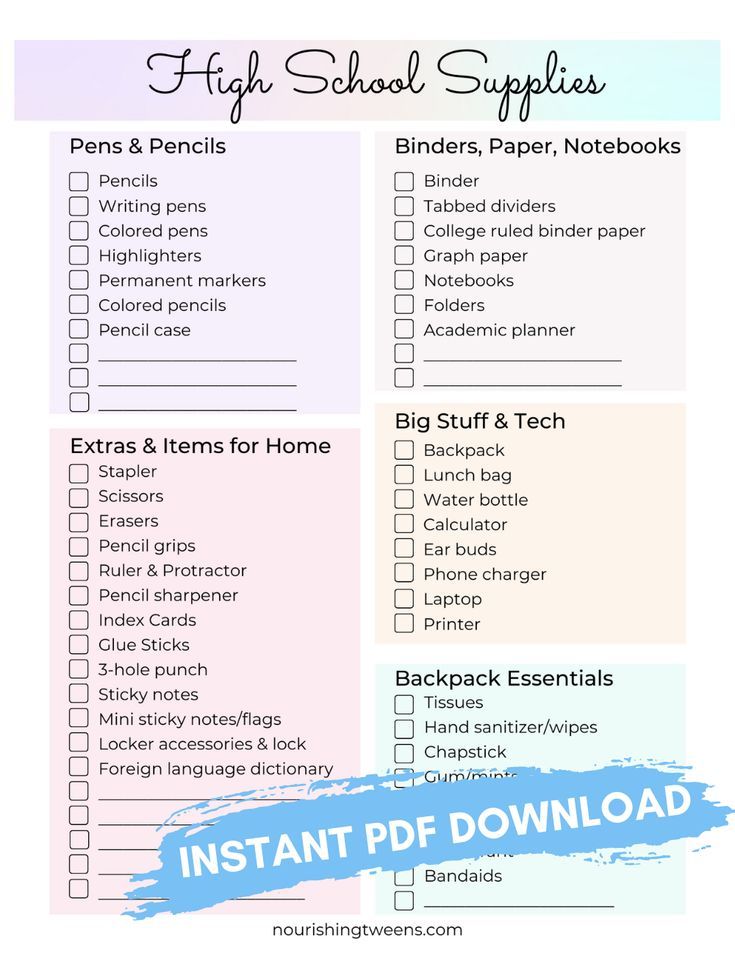 the printable high school supplies list is shown in blue, pink and white colors