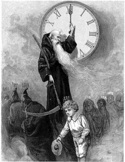 an old man standing in front of a clock with a long white beard and wearing a crown