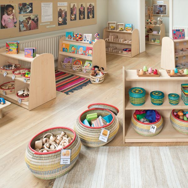 a child's playroom with toys and other items in the room on display