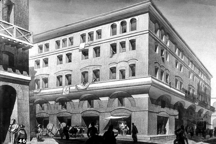 an old drawing of people walking in front of a building