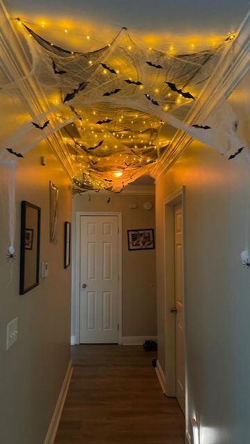 a hallway decorated for halloween with lights and bats hanging from the ceiling over the door