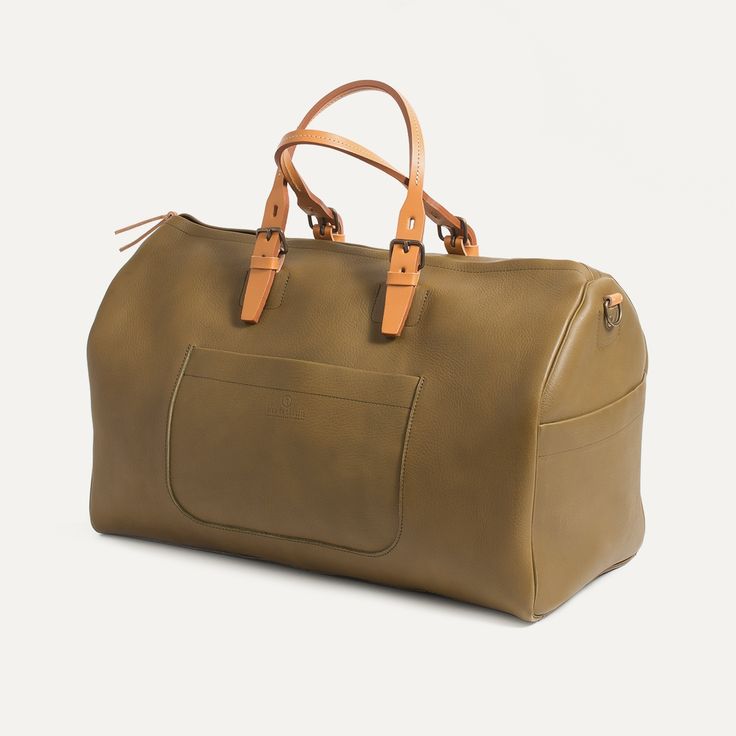 Leather travel bag for Men - Made in france | Bleu de chauffe Khaki Tote Bag For On-the-go, Khaki Double Handle Bag For On-the-go, Khaki Rectangular Bag With Top Carry Handle, Rectangular Tan Bags For On-the-go, Rectangular Khaki Bag With Top Carry Handle, Khaki Travel Pouch Bag, Modern Tan Bag With Large Capacity, Khaki Bags With Top Carry Handle For Daily Use, Green Top Handle Travel Bag