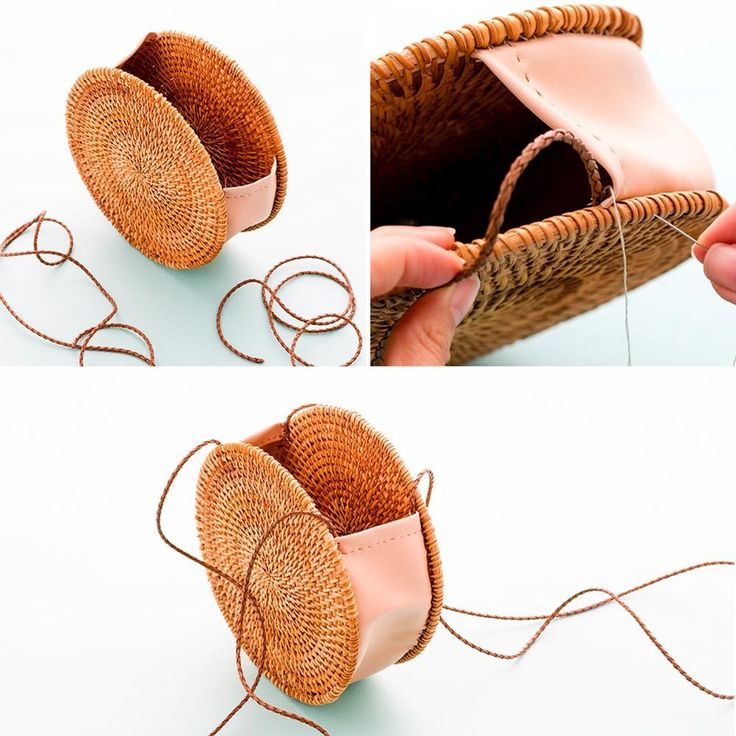 two pictures showing how to make a basket out of wicker and leather with thread