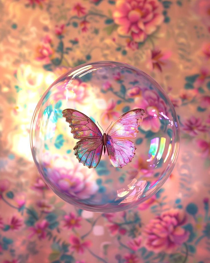 a pink butterfly sitting on top of a glass ball in front of a floral wallpaper