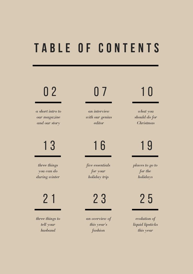 the table of contents is shown with numbers in each column and one number below it