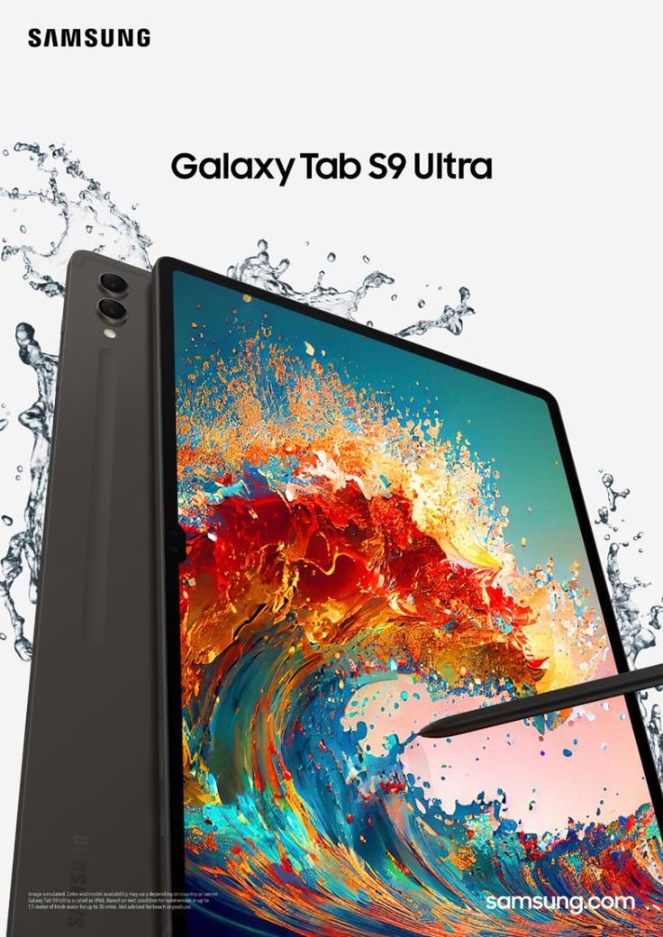 an advertisement for the samsung galaxy tab s9 ultra tablet with water splashing on it