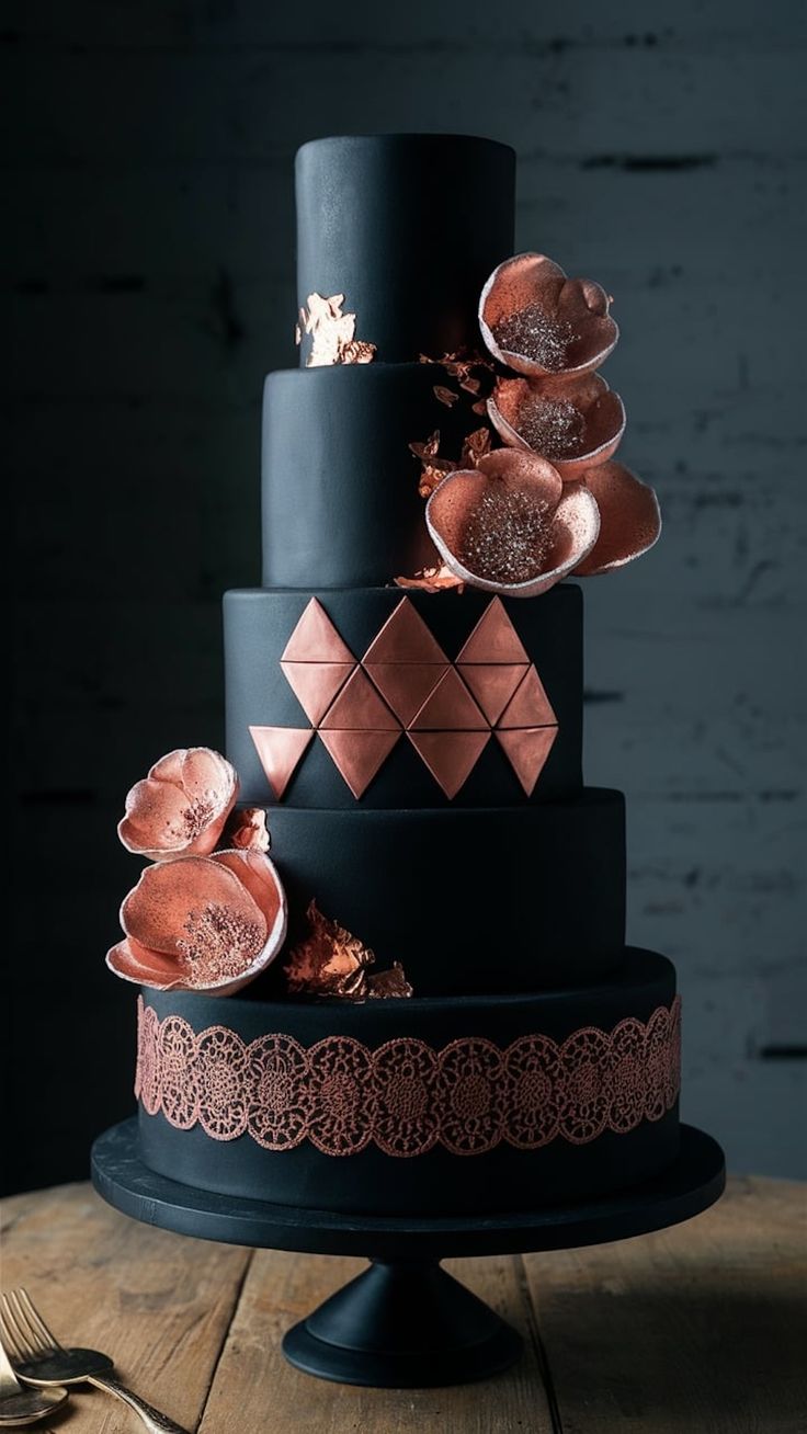 Modern Aesthetic: Matte Black Multi-Tiered Cake with Copper Detailing Aesthetic Black Birthday, Black Cake Aesthetic, Birthday Cake Aesthetic Black, Birthday Cake For Women Elegant, Black And Gold Cake, 15th Birthday Cakes, Black And Gold Wedding, Striped Cake, Black Fondant