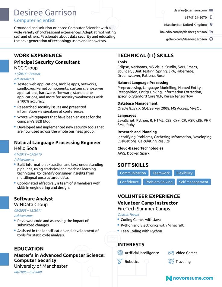 a professional resume with blue accents on the front and back cover, it is designed to look like a computer engineer's workbench