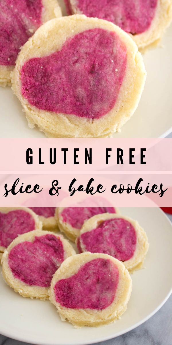 gluten free slice and bake cookies on a white plate with text overlay