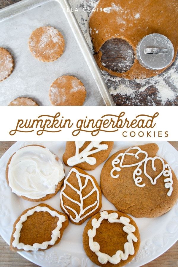 pumpkin gingerbread cookies with icing on a white plate next to a cookie sheet