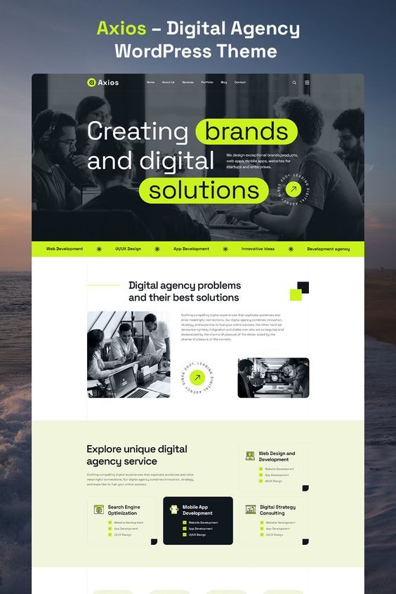 Axios – Digital Agency WordPress Theme#websitedevelopment #webdesigninspiration #colorpalette #design Business Website Layout, Marketing Agency Website, Agency Website Design, Free Web Design, Portfolio Website Template, Website Design Wordpress, Agency Website, Wordpress Design, Digital Agency