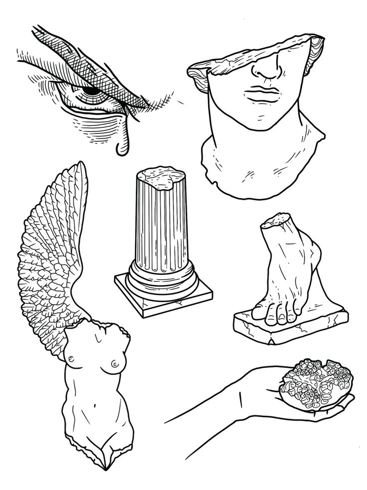 an ink drawing of various items from ancient greek mythology, including a statue and bird