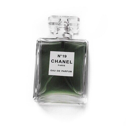 a bottle of chanel no 19 eau de parfum on a white background