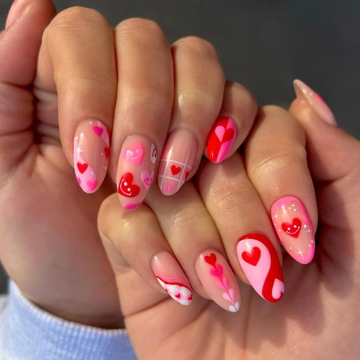 Janine Orpen | Nail Artist | 💘💌❤️💋🤍🌹💞 Valentines mix ‘n’ match xoxo 🫶🏼 @the_gelbottle_inc biab 19, fairy pink, thistle, madonna, princess @glitterbels I love you and… | Instagram Heart Pattern Nails, Love Heart Nail Art, Draw Heart On Nails, Abstract Heart Nail Art, Pink Nail Red Heart, Nail Drawing, Heart Nail Art, Cute Nail Art Designs, Tiny Bow