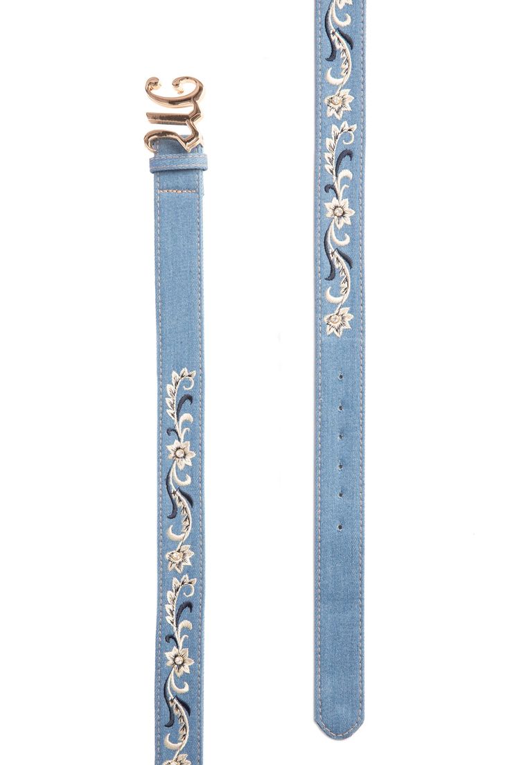 Denim details are a lifestyle! Show off your sweet style with this adorable denim belt, embroidered detailing and M logo buckle. Style No. ACC0002-DENIM-BLUE Denim Jeans With Belt For Spring, Spring Denim Jeans With Belt, Denim Jeans With Belt, Casual Embroidered Belt For Spring, Embroidered Belt, M Logo, Denim Belt, Blue Belt, Belt Shop