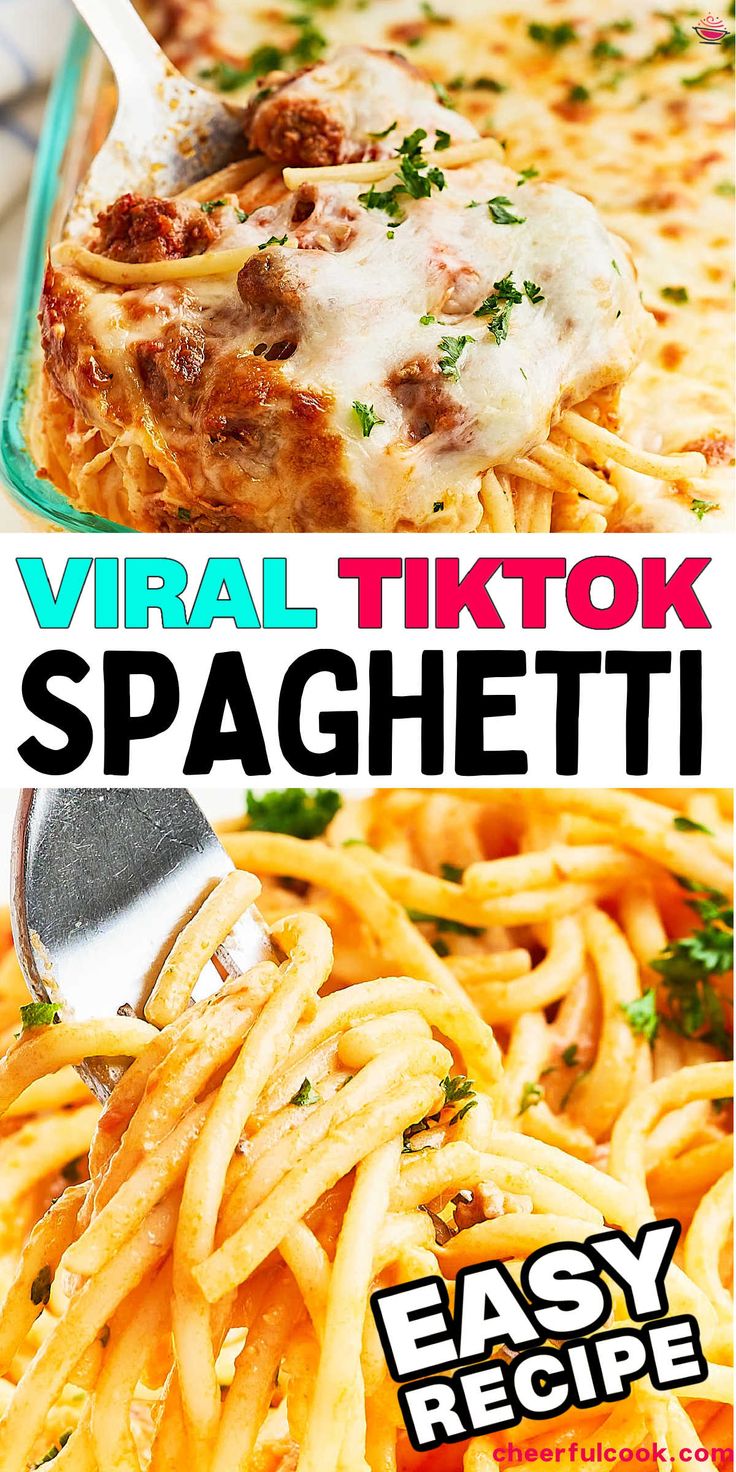 Collage of of two closeup images of the Viral TikTok Spaghetti Pasta recipe. Creative Spaghetti Recipes, Spaghetti Recipes With Cottage Cheese, Church Supper Spaghetti, Tictoc Pasta, Thick Spaghetti Noodles, How To Make Baked Spaghetti, Cheap Spaghetti Recipes, Tim Tok Spaghetti, Viral Tik Tok Spaghetti