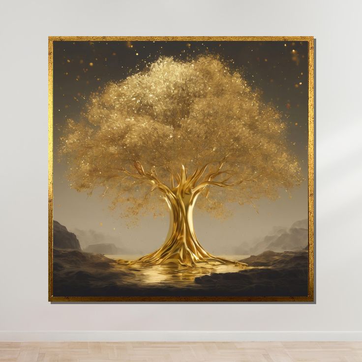 an abstract painting of a golden tree in the middle of a room with wood flooring