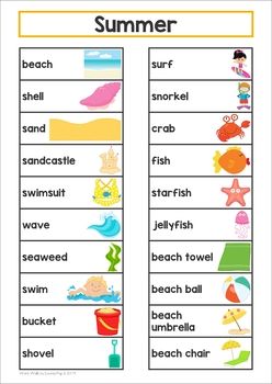 the summer words and pictures worksheet is shown in this printable activity for kids