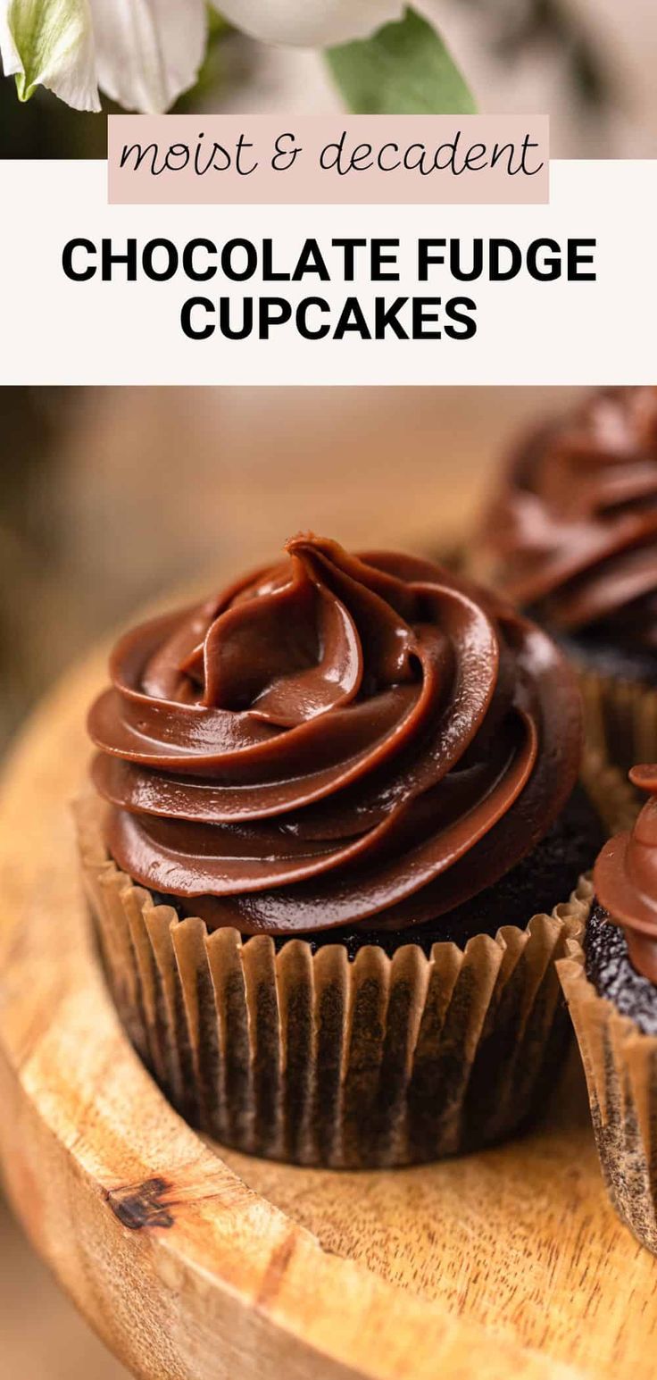 chocolate fudge cupcakes with frosting on top