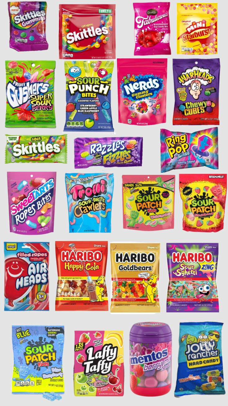 many different types of candy bags are shown in this graphic style, with the names and colors