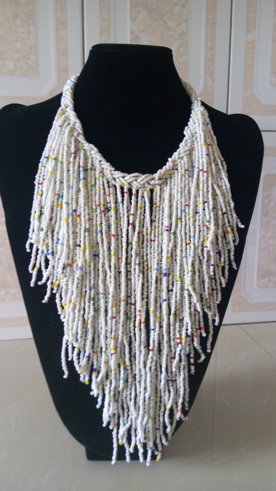 ON SALE African Beaded Fringe Necklace, African Jewelry, Beaded Necklace, Tribal Necklace, Boho Neck Traditional Bib Necklace With Dangling Round Beads, Bohemian White Polished Beads, White Beaded Necklaces With Dangling Beads For Festivals, Handmade White Beaded Necklace For Festivals, Traditional White Necklace With Colorful Beads, White Necklaces With Dangling Beads For Festivals, White Beaded Necklaces For Festivals, White Polished Beads For Festivals, White Multi-strand Beaded Necklaces For Festivals