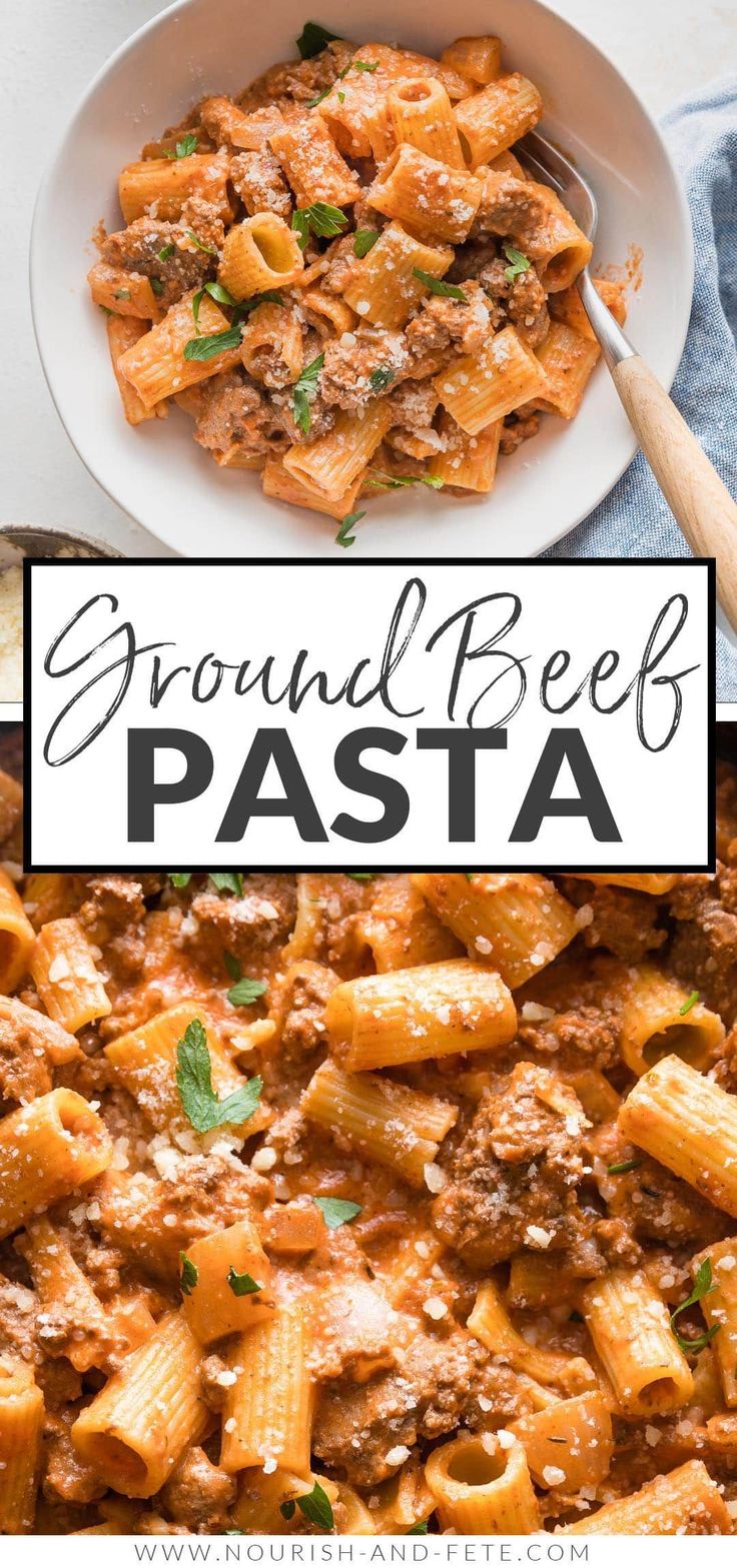 ground beef pasta in a white bowl with a wooden spoon on the side and text overlay that reads ground beef pasta