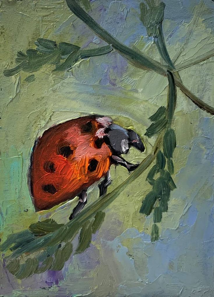 a painting of a ladybug sitting on top of a green leafy branch