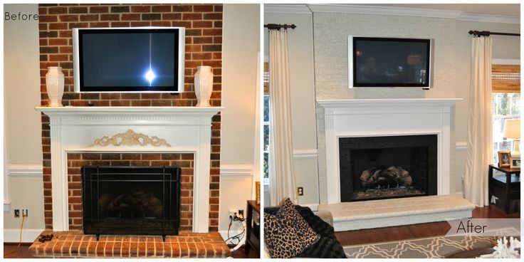 two pictures of a living room with fireplace and flat screen tv above the fire place