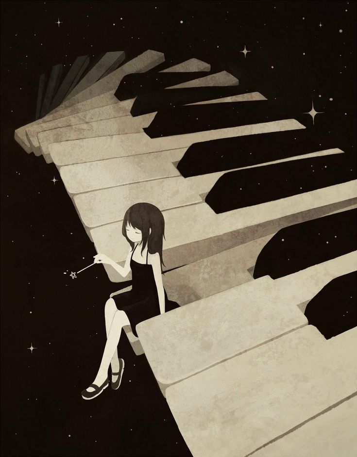 a woman sitting on top of a giant piano in the air with stars above her