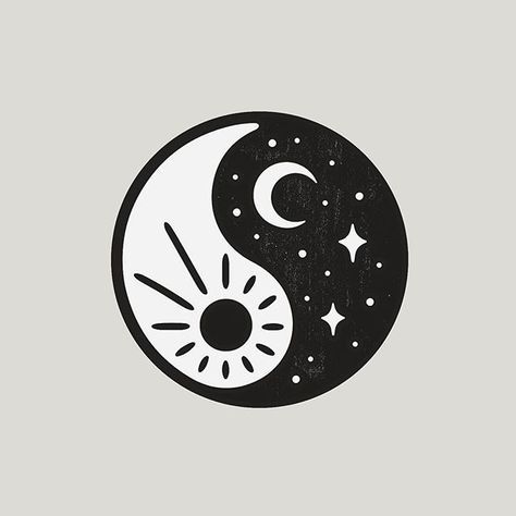 a black and white drawing of a sun and moon