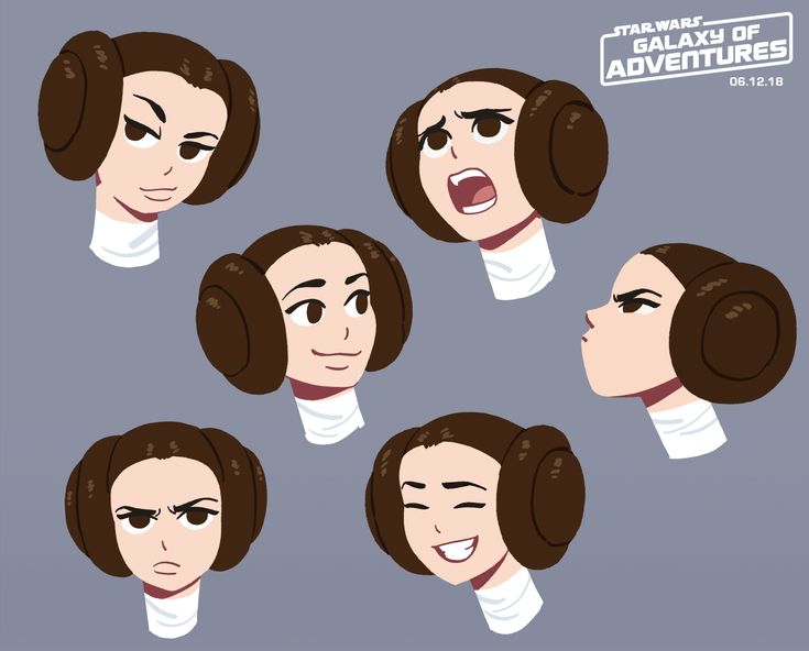 an animation character's head with different facial expressions and hair styles, including the woman wearing