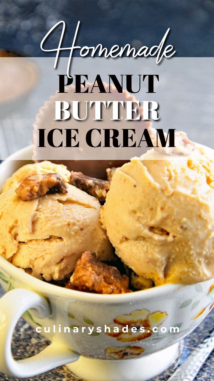 homemade peanut butter ice cream in a bowl on a table with text overlay that reads homemade peanut butter ice cream