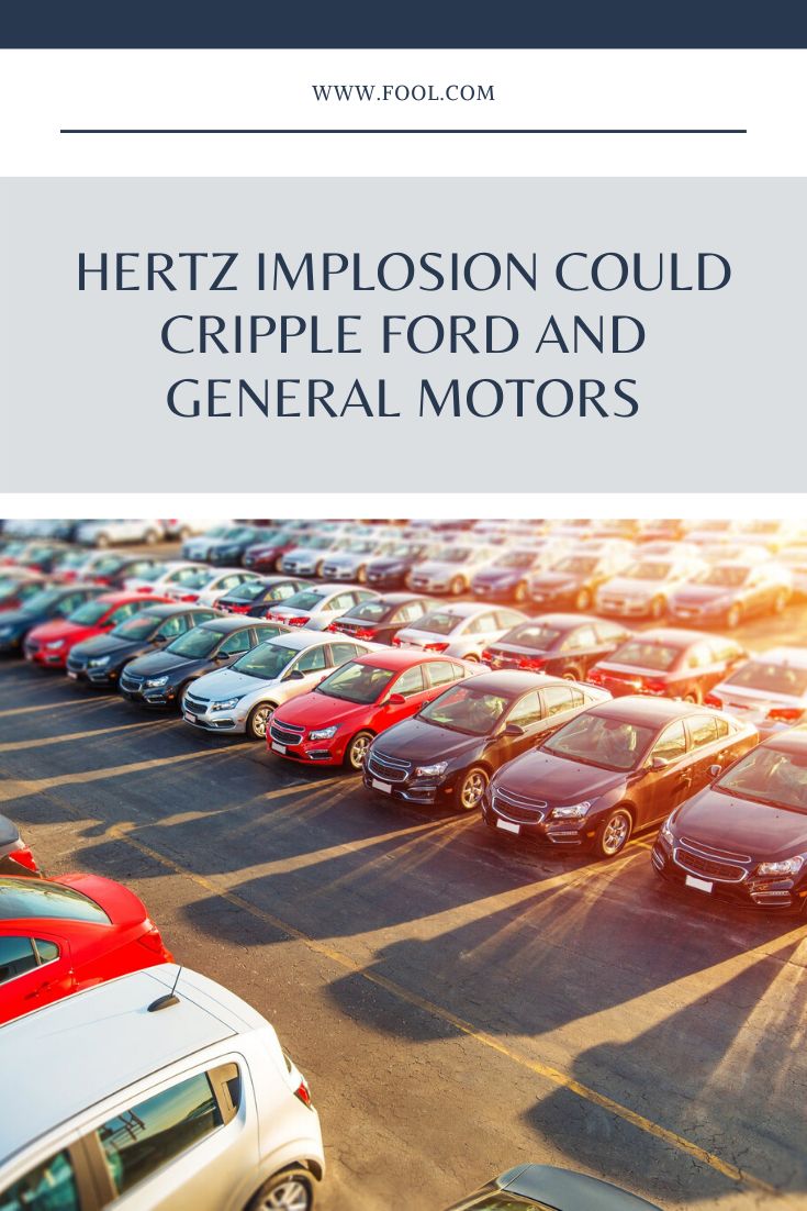 a parking lot full of cars with the words hertz implosion could criple ford and general motors