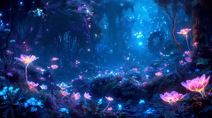 an image of a forest with flowers and butterflies in the night time, which is lit up by bright lights