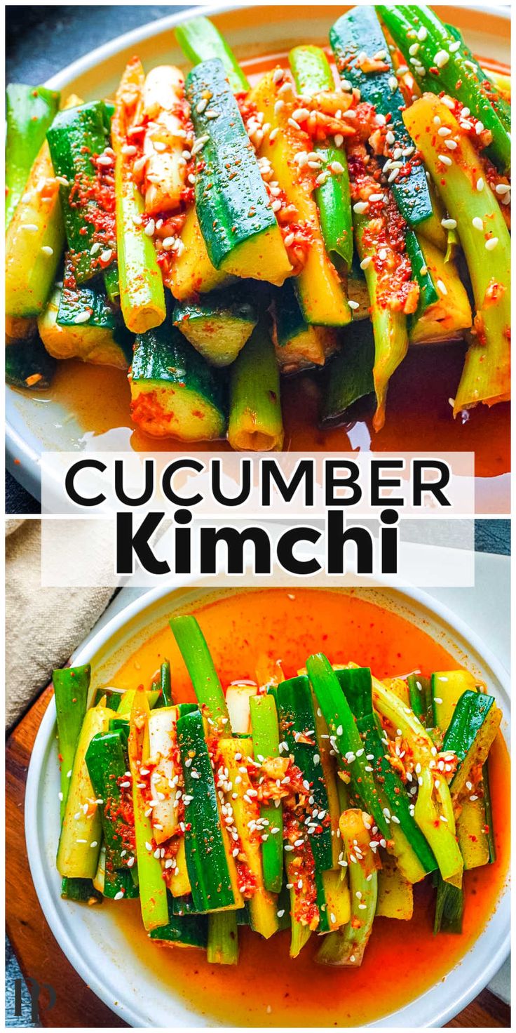 cucumber kimchi with sesame seeds in a bowl and another side dish on a plate